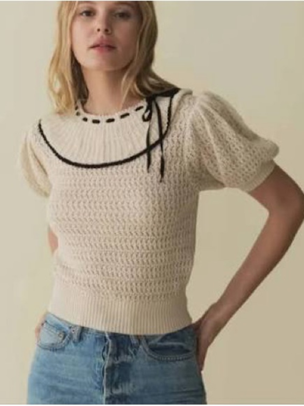 Doen Cream Cream Glenda Sweater with Black Ribbon